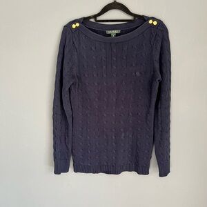 Ralph Lauren M Cableknit Sweater 100% Cotton Navy Classic Boatneck Gold Buttons